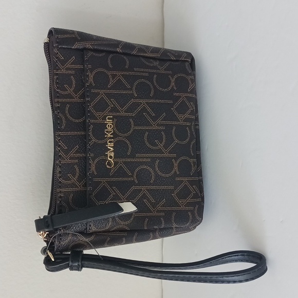 Calvin Klein Zip Pouch Wristlet Logo Brown - Picture 1 of 6